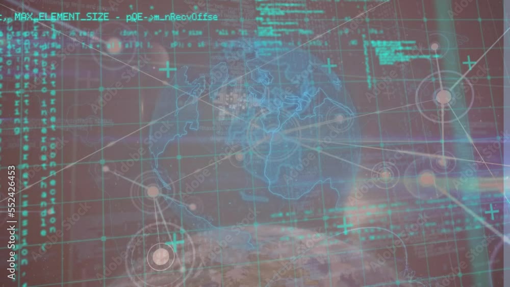 Poster animation of connected dots, grid pattern, globes, programming language against abstract background