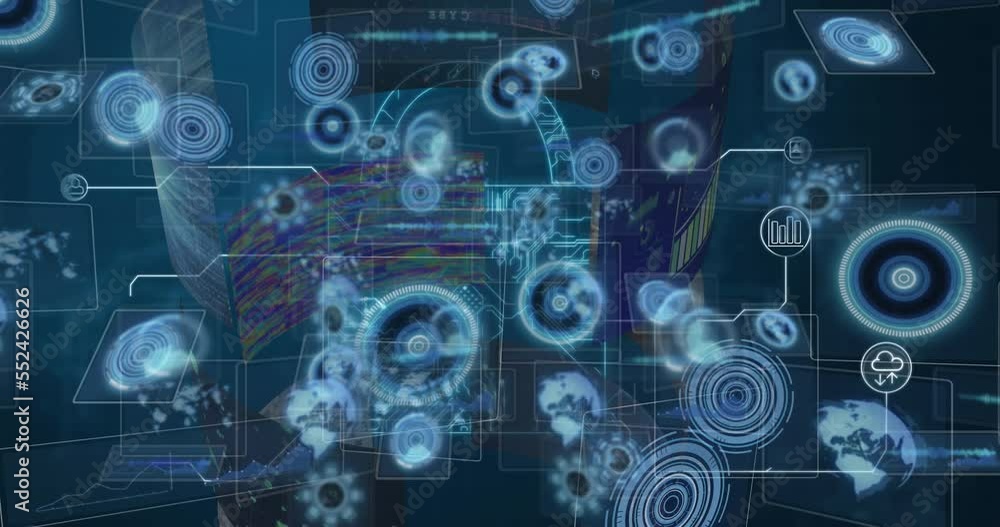 Poster animation of processing circles on digital screens over financial graphs and digital padlock