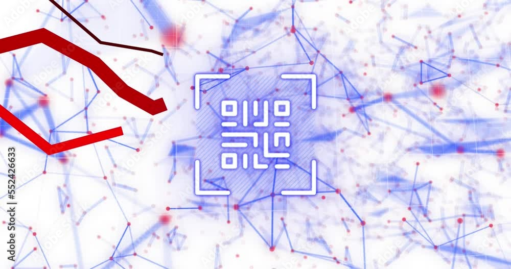 Poster animation of qr code, dots forming geometric shapes and multiple graphs over white background