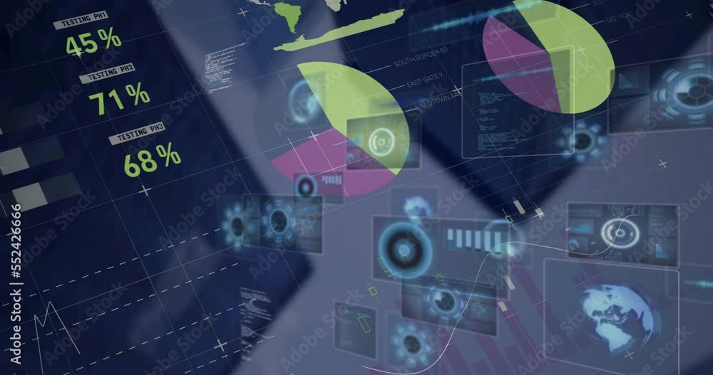 Poster animation of circle, multiple graphs, globe, database and programming language on blue background