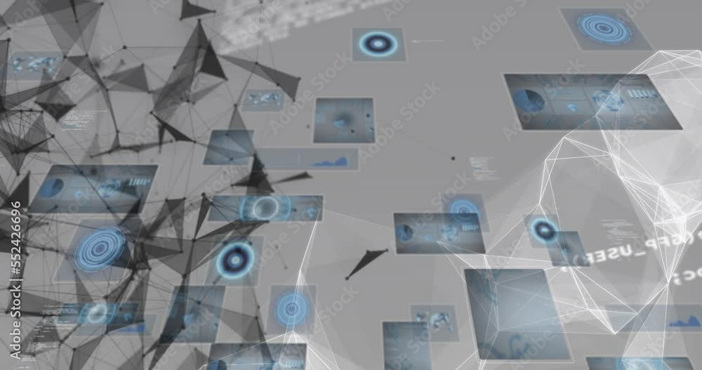 Poster animation of hud interfaces, dots forming geometric shapes over programming language in background