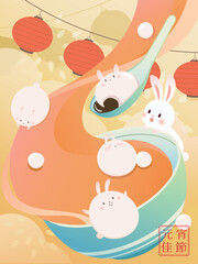 Rabbit beside the blue bowl. Soup  and sweet dumpling spilled from bowl. Chinese translation: Spring Lantern Festival.