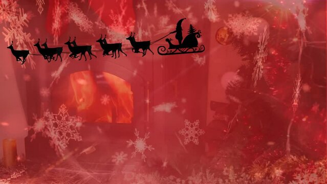 Animation of santa riding sleigh with reindeers and snowflakes over fireplace and christmas tree