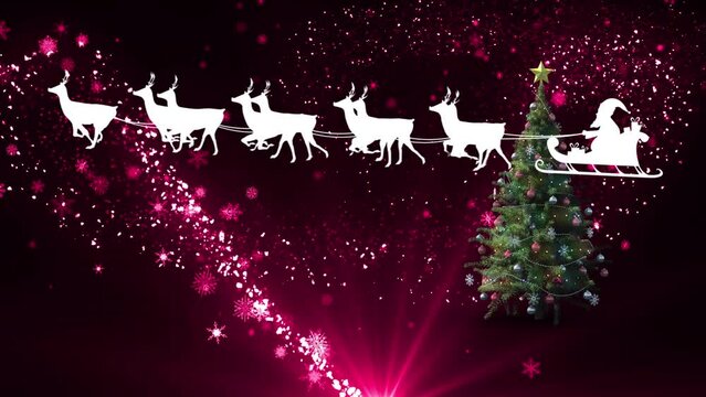 Animation of santa sleigh, red shooting star and christmas tree on black background