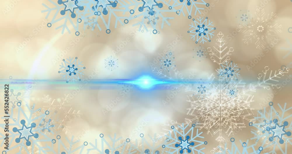 Poster animation of hexagons pattern, snowflakes and lens flare with bokeh effect in background