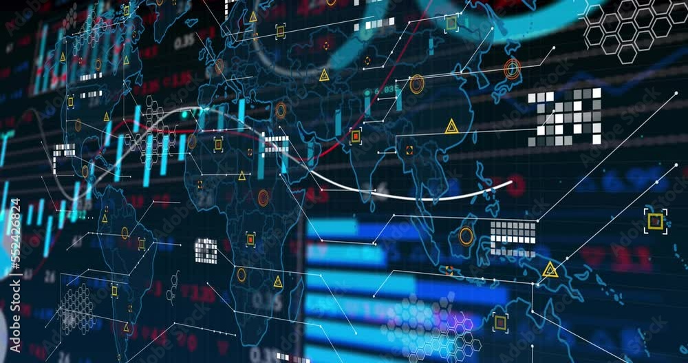 Poster Animation of data processing with statistics over world map