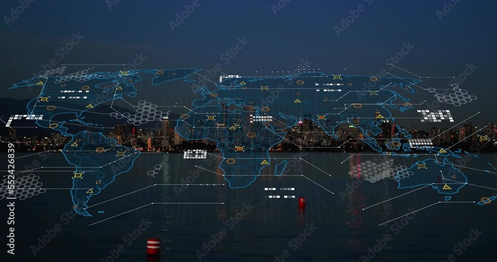 Poster animation of data processing with statistics over world map