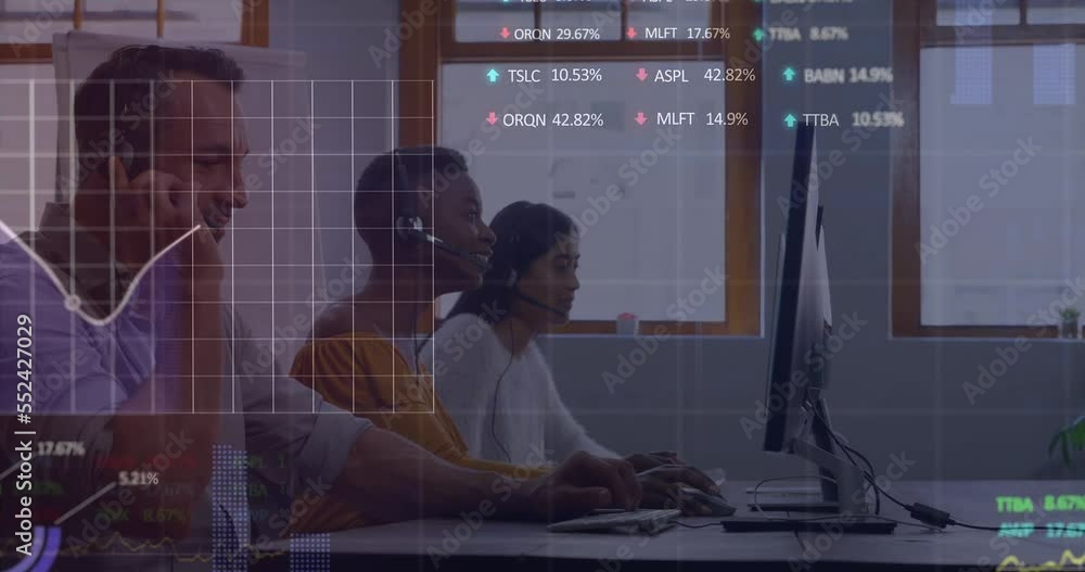 Poster animation of financial data processing with statistics over diverse business people using computers