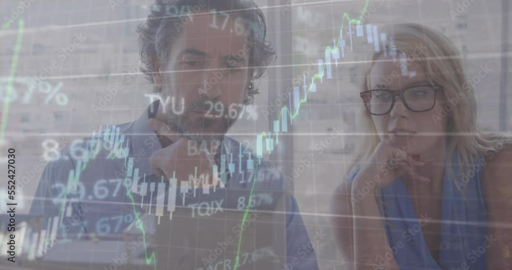 Poster animation of financial data processing with statistics over diverse business people