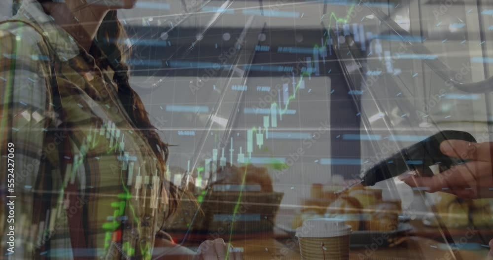 Poster animation of multiple graphs with numbers over caucasian customer entering pin on card reader