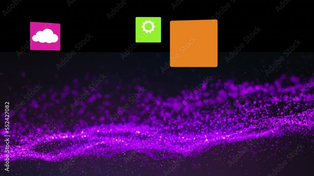 Poster animation of multiple icon in colorful squares and dots forming abstract pattern on black background