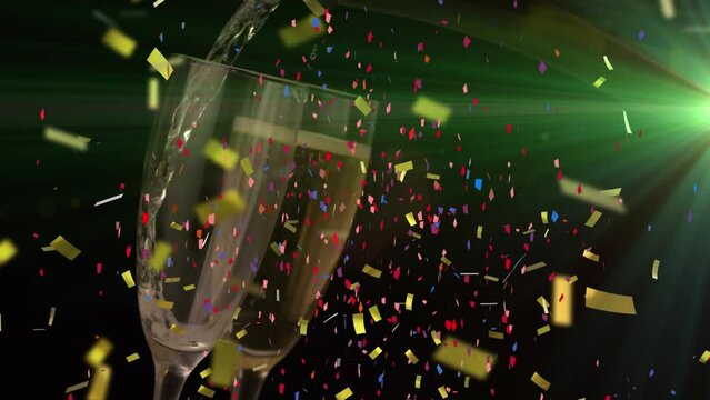 Animation of light trails and confetti over glasses of champagne