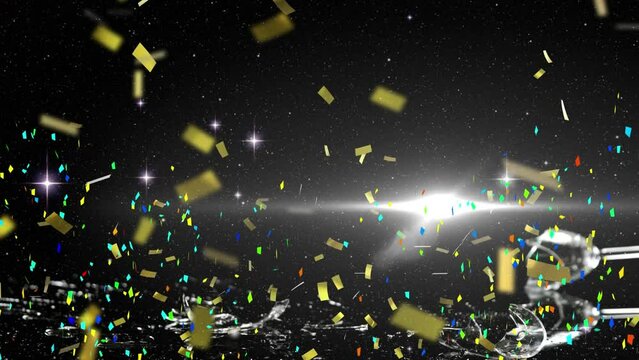 Animation of stars and confetti over glass of champagne