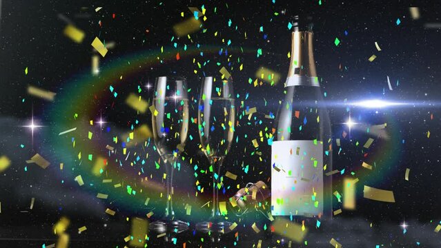 Animation of champagne flutes and bottle with confetti against illuminated lights