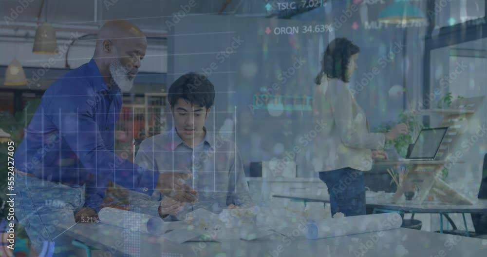Poster animation of trading board and graphs over diverse coworkers discussing architectural model