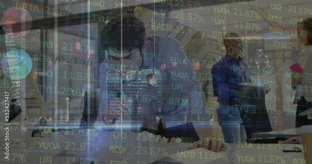 Poster animation of graphs and trading board over asian architect analyzing model in office
