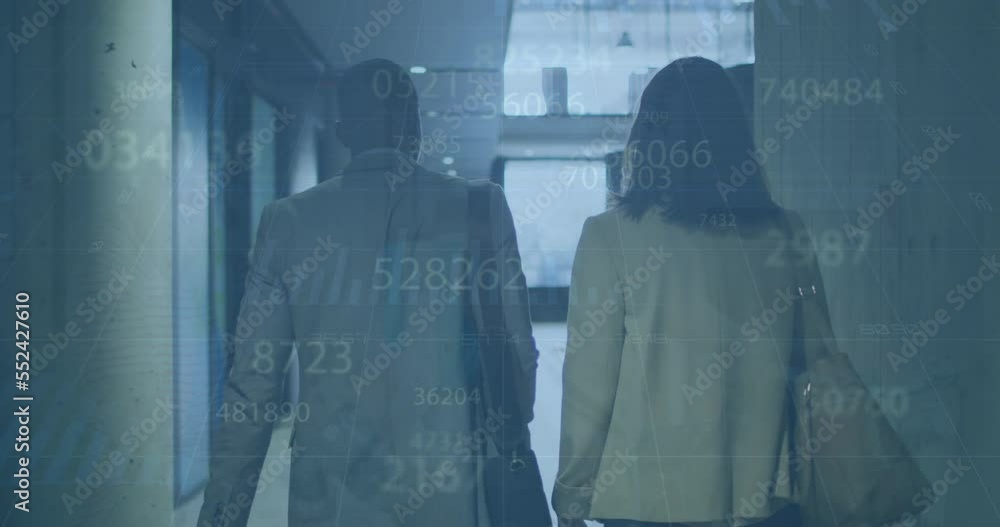 Poster animation of multiple numbers, loading circle, rear view of diverse coworkers walking in corridor