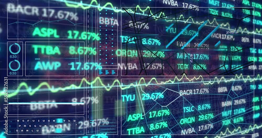 Poster animation of trading board over graph, loading circles, navigation pattern and lines