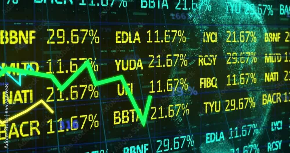 Poster animation of multicolored graphs over trading board and rotating globe on black background