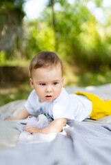 Adorable baby boy playing on blanket in green grass. Outdoor fun for children.