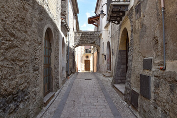 A narrow street between the houses of Ruviano, a small village in the province of Caserta in Italy.