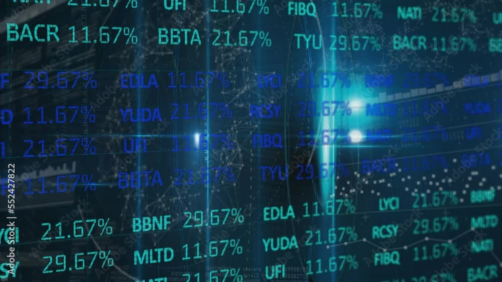 Poster animation of trading board, dots forming circle, lens flare and bar graph over abstract background