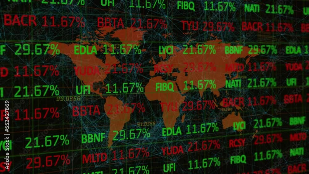 Poster animation of trading board over map and dots connected with lines over black background