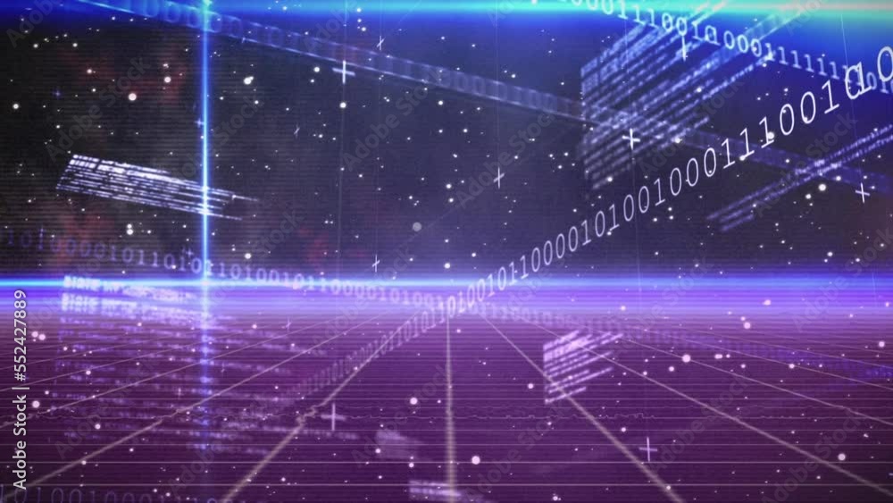 Poster animation of cubes, looping binary codes, lens flare and programming language against galaxy