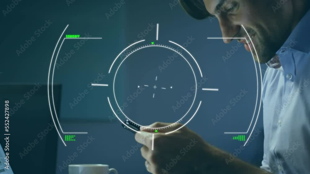Poster animation of scope scanning and data processing over woman using smartphone