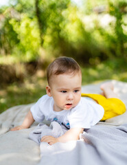 Portrait of a little happy boy at the picnic. Outdoor fun for children.