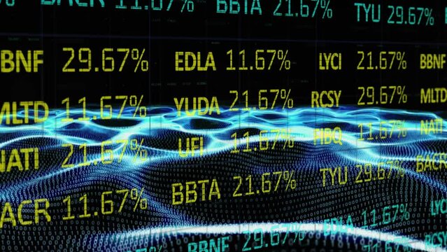 This animation depicts a blue and yellow abstract landscape with numbers and stock market statistics