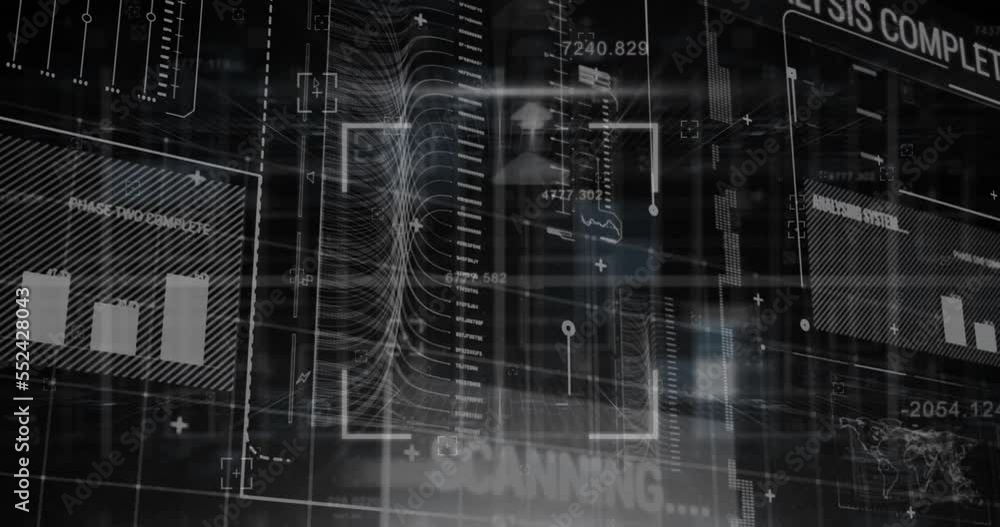 Poster animation of viewfinder and programming language over infographic interface against black background