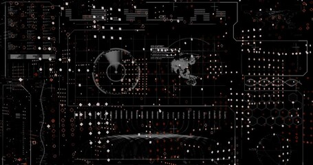 Animation of globe, soundwaves, radar, dna helix, dots forming abstract pattern on black background - Powered by Adobe
