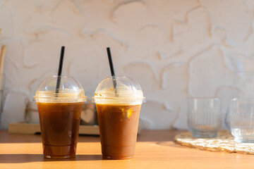 ice latte with ice on the table. close-up.