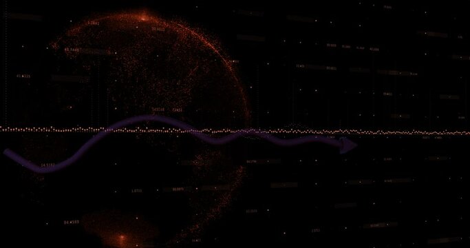 Animation of soundwave and graph with arrow over globe against black background