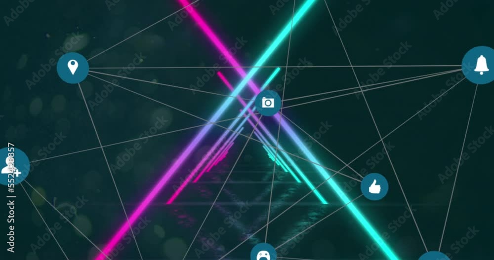 Poster animation of icons in circles connected with lines over illuminated looping triangular tunnel