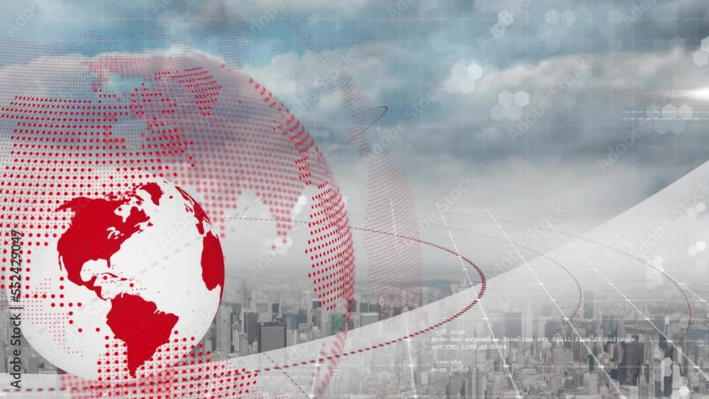 Aufkleber animation of abstract pattern and rotating globe over aerial view of cityscape against cloudy sky