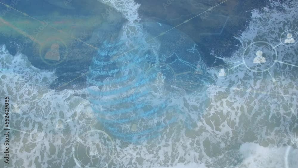 Poster animation of globe and dots connected by lines over aerial view of waves splashing in sea