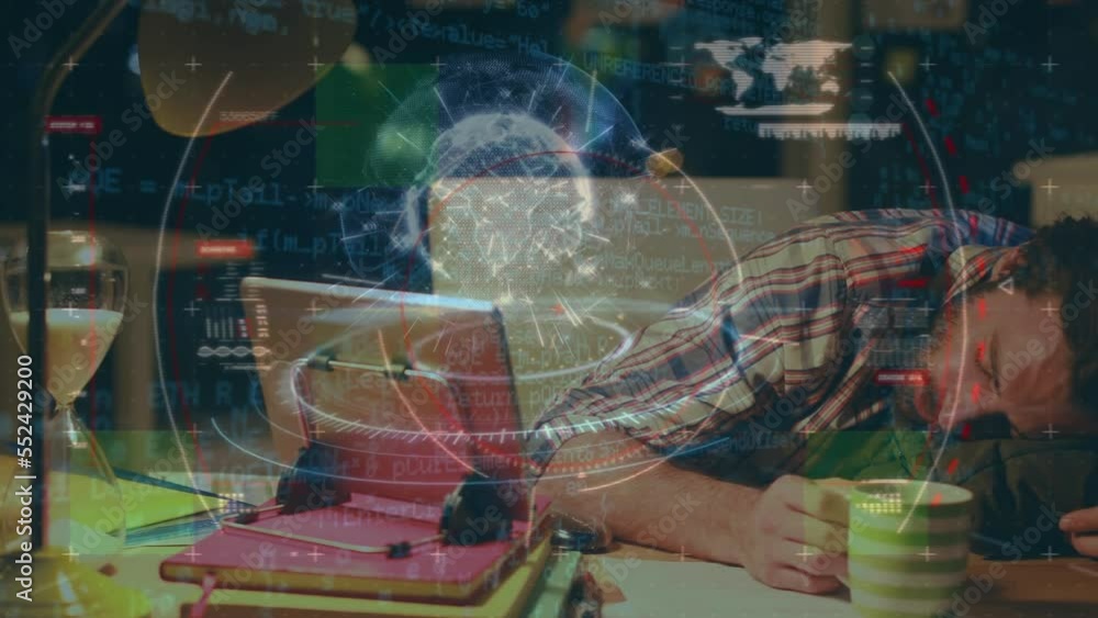Poster animation of globes, circles, map and programming language over tired caucasian man sleeping on desk