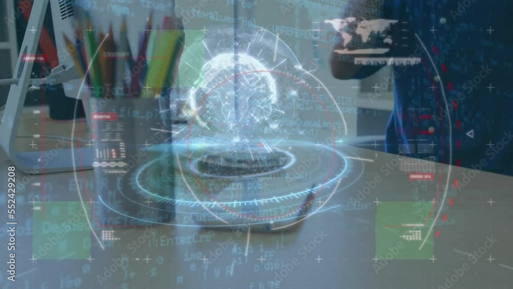 Poster animation of globes, circles, map and programming language over tired caucasian man sleeping on desk