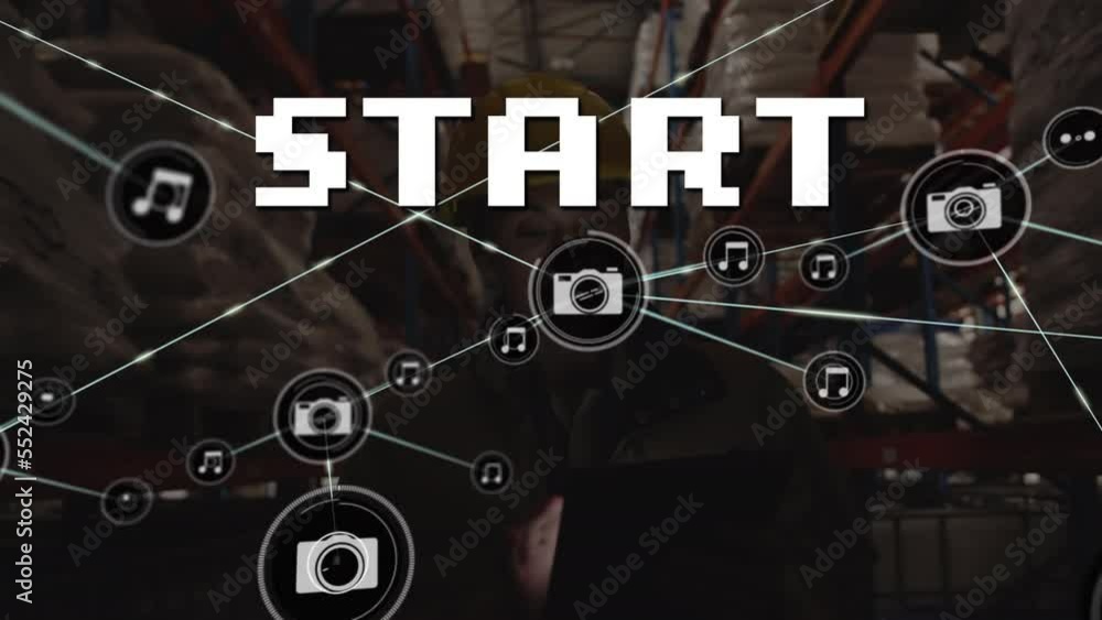 Poster animation of network of connections with icons and start text over biracial warehouse worker