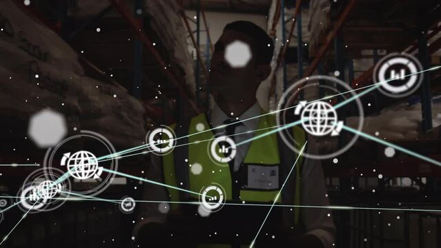 Animation of network of connections with icons over biracial warehouse worker