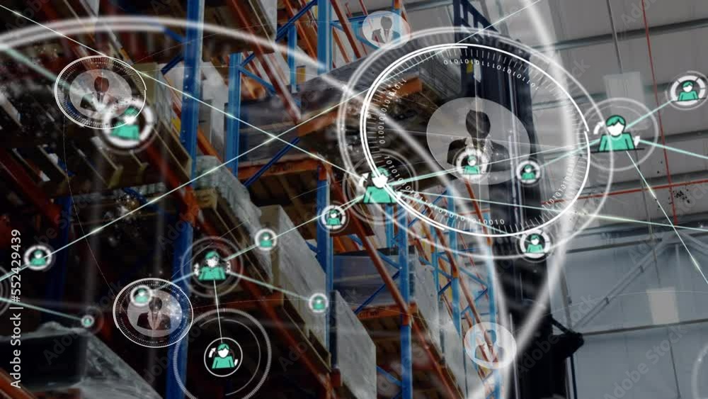 Poster animation of icons connected with lines over low angle view of crane with pallet in warehouse