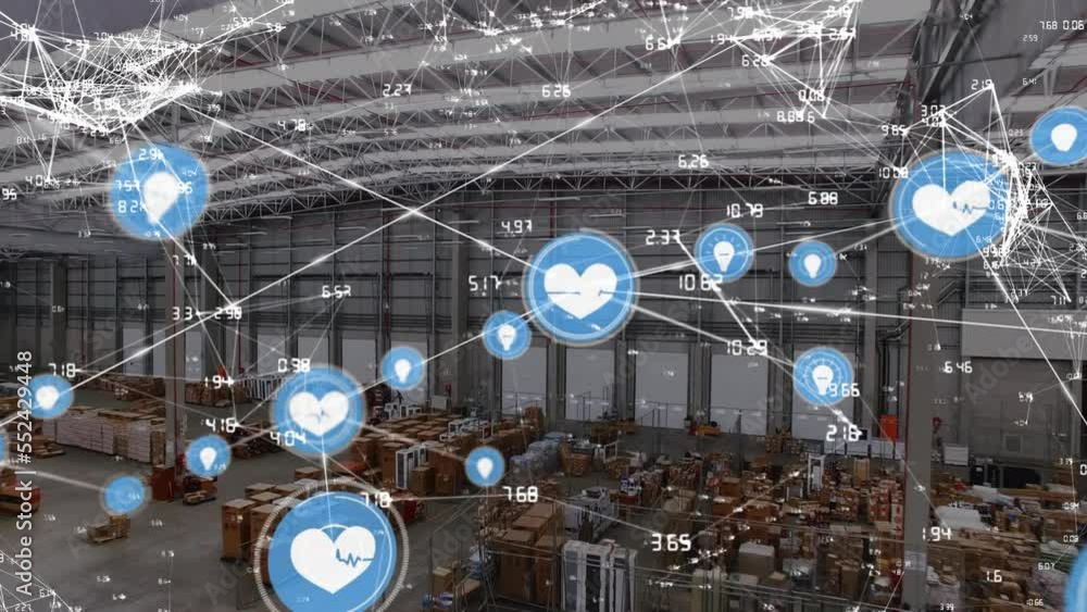 Poster animation of icons connected with lines and digits over aerial view of inventory in warehouse