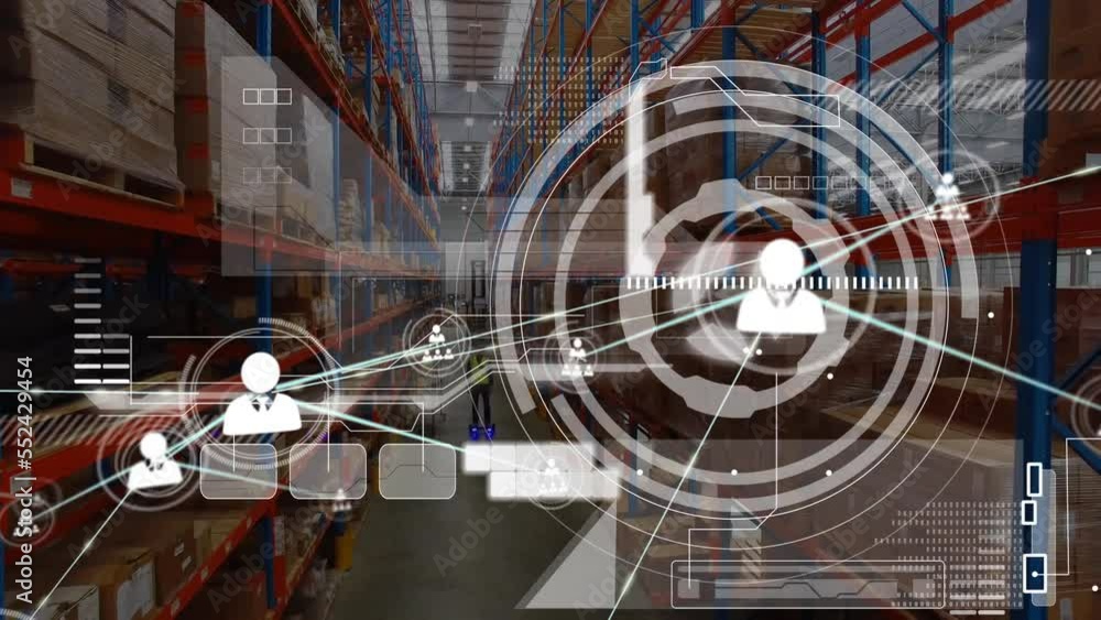 Poster animation of circles, database, connected icons, aerial view of caucasian worker using hoverboard