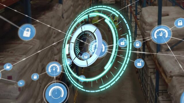 Animation of circular pattern, connected icons over coworkers walking amidst inventory in warehouse