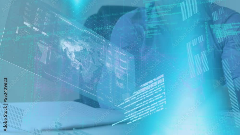 Poster animation of data processing and globe over caucasian man using smartphone