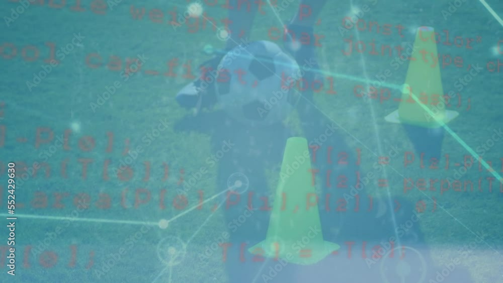 Poster animation of data processing and network of connections over caucasian football player