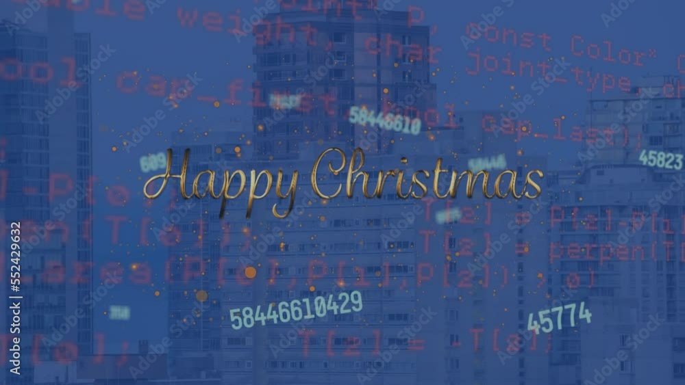 Poster animation of data processing and happy christmas text over cityscape