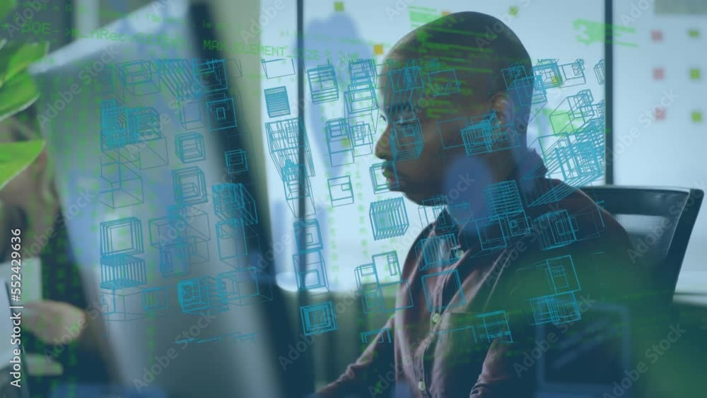 Poster animation of data processing and digital city over african american businessman using computer